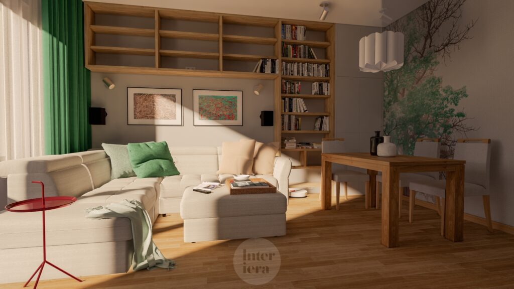 Natura, sztuka i technologia w salonie - projekt Interiera