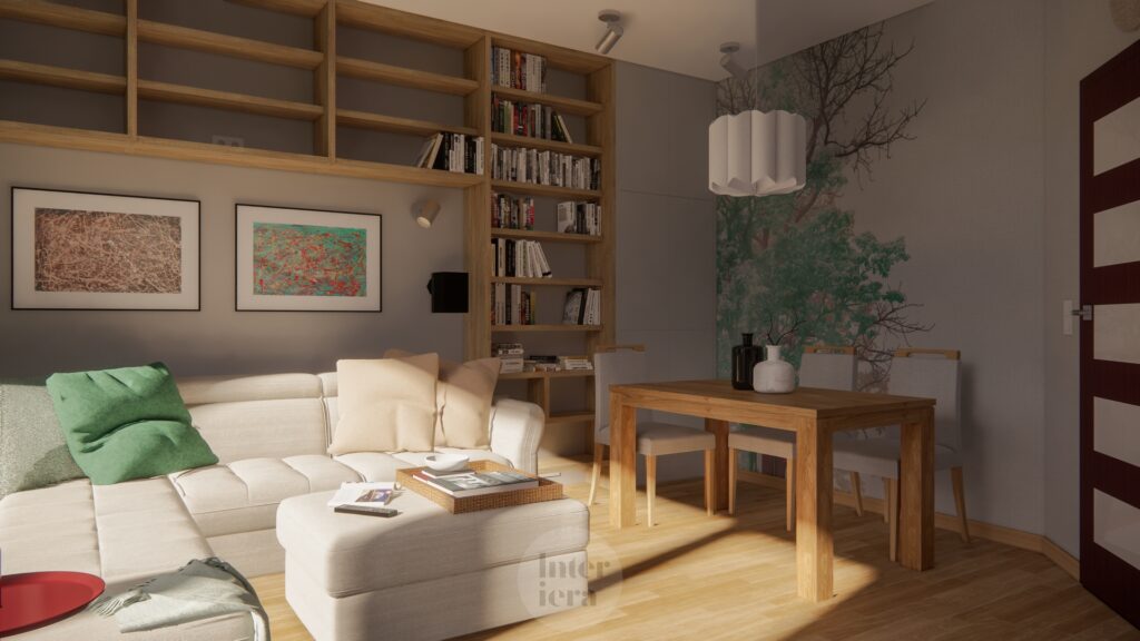 Salon z tapetą biofilną - autorski projekt Interiera