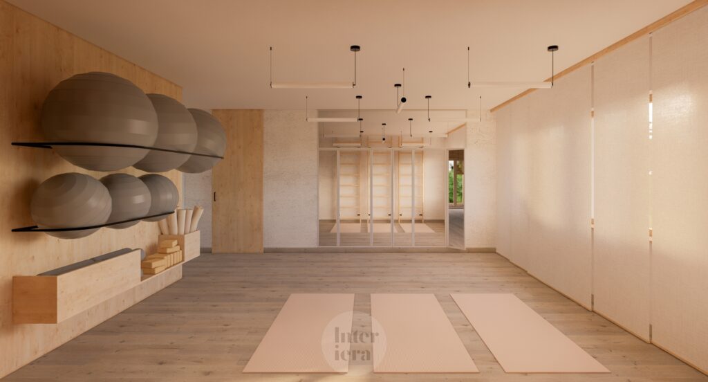 Ściana z ruchomymi lustrami w gabinecie fizjoterapeutki - projekt Interiera
